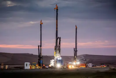 Bauer equipment during foundation work for a new rapid transit line in Türkiye, night shot